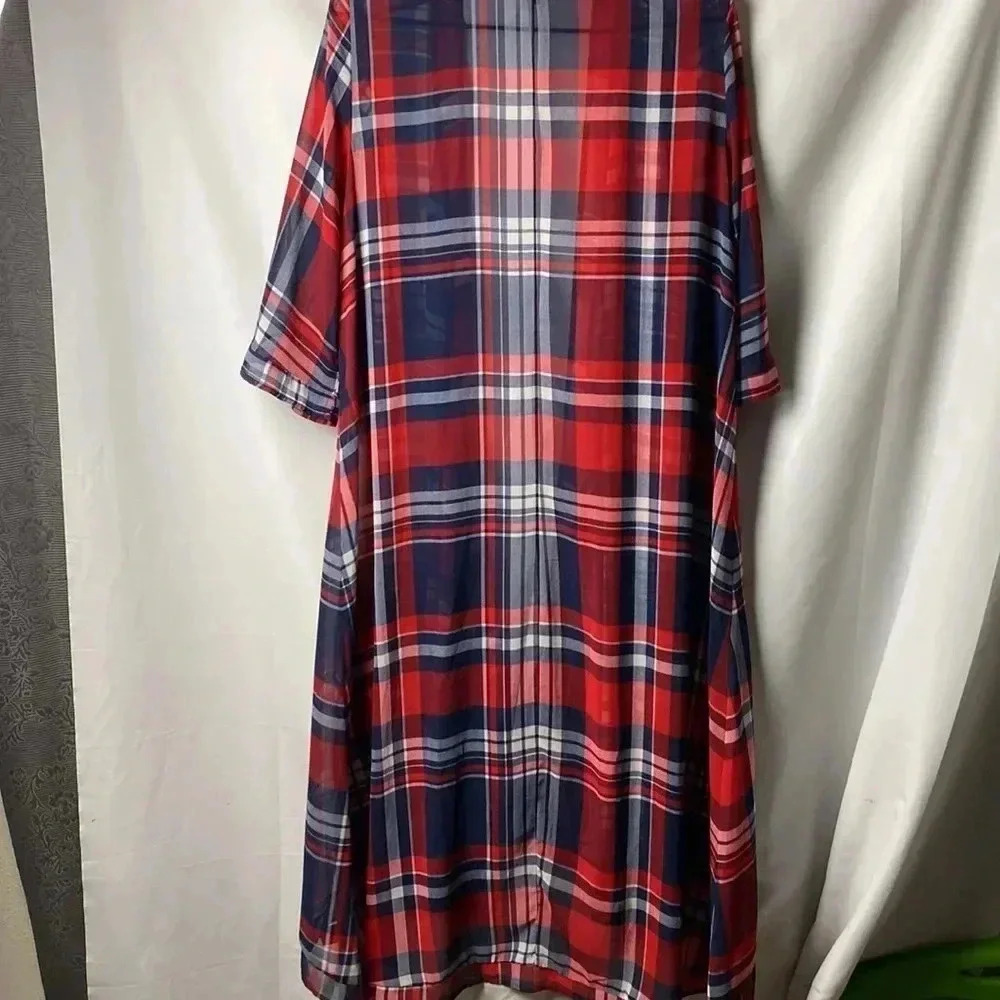 TORRID WO‎ SIZE 0/00 (10/12) LONG NAVY RED PLAID. SHEER OPEN FRONT DUSTER - Picture 9 of 10